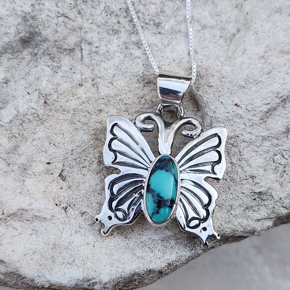 Navajo Handmade signed JD Turquoise sterling butterfly pendant & chain necklace